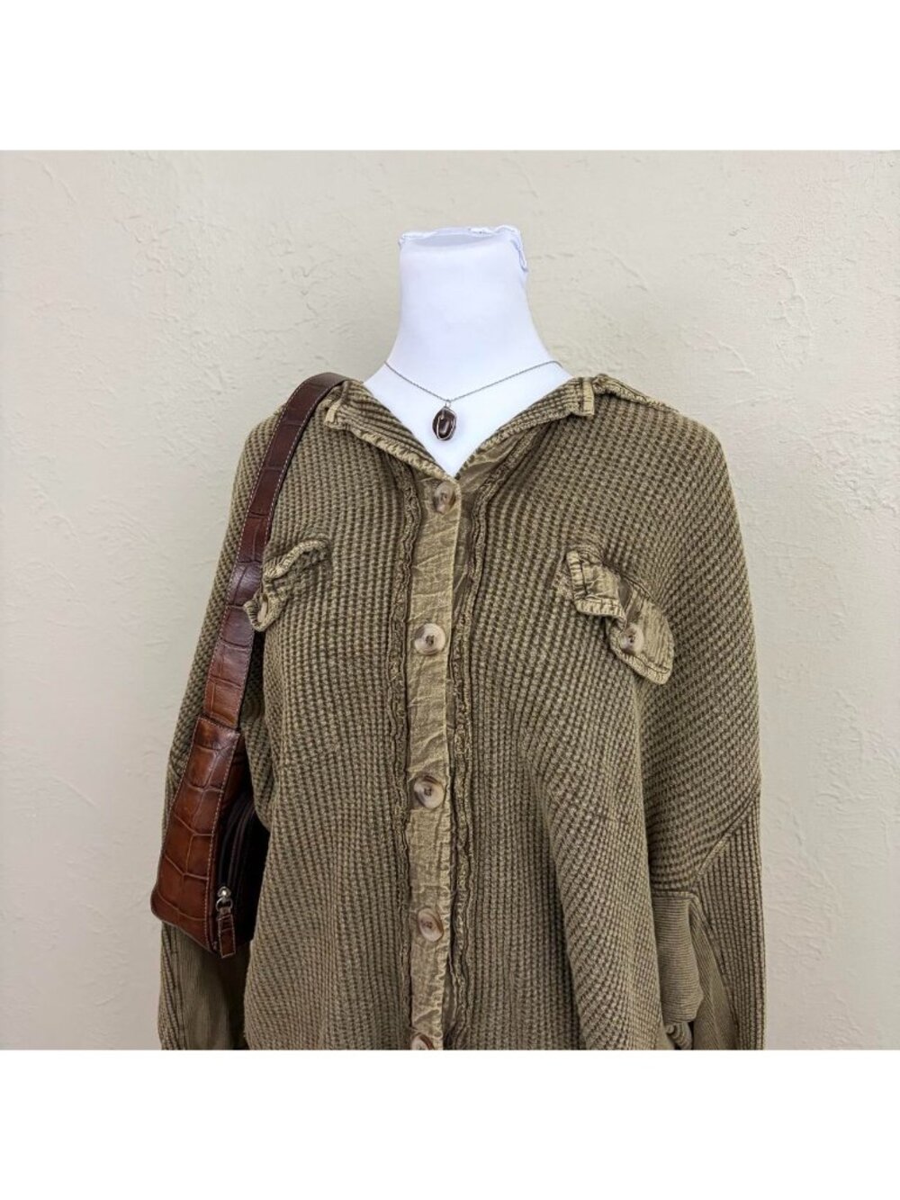 free people FP one khaki scout jacket top waffle knit button up shirt jacket - Picture 2 of 8